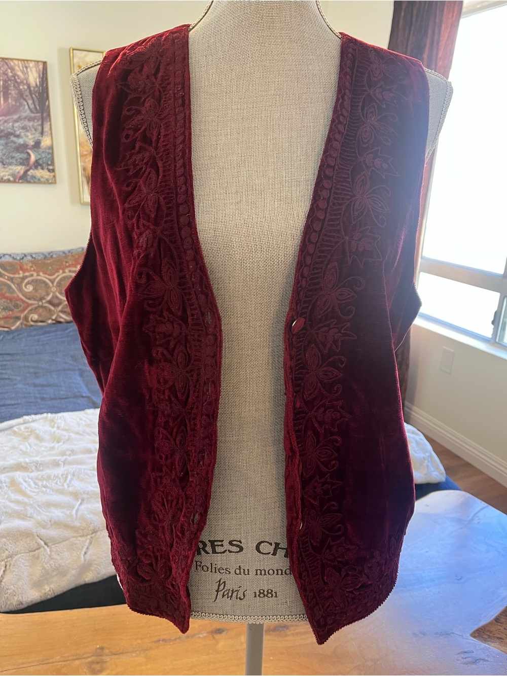 Boho Festival 70’s Burgundy Embroidered Rayon Velvet Vest Tie Back